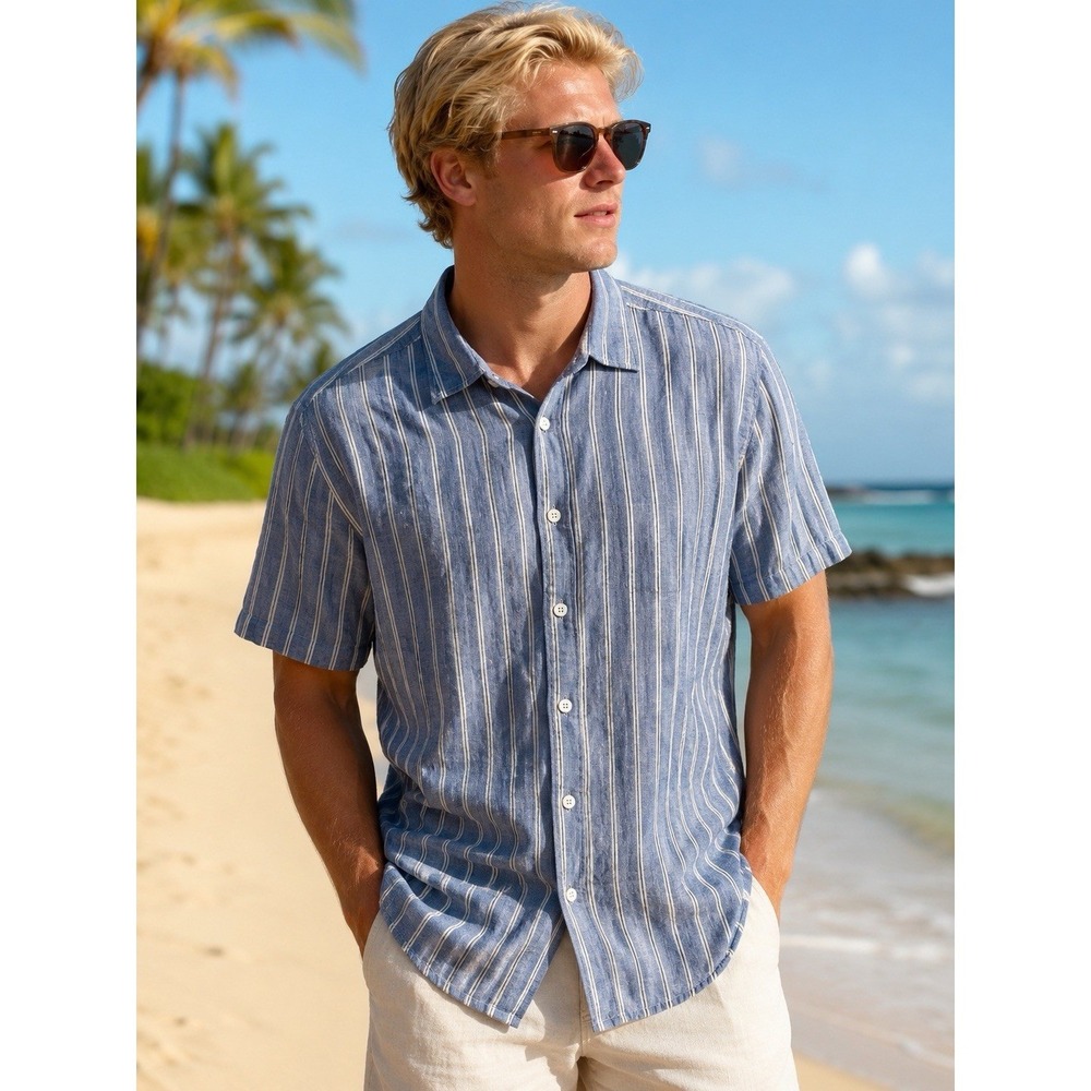 Tommy Bahama 100% Linen Short Sleeve Button Up Blue White Striped Men's L